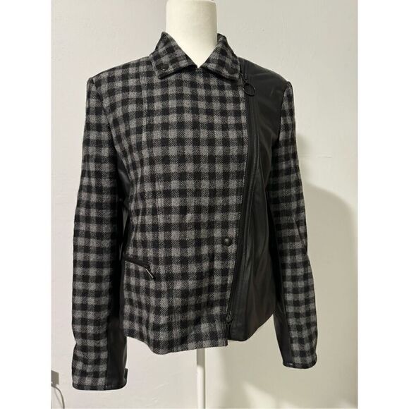 Akris punto Mixed tweed moto jacket gingham vegan leather 8 - Picture 14 of 15